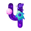 Space Number Four as Cosmic Numeral with Rocket and Planet Vector Illustration