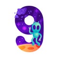 Space Number Nine as Cosmic Numeral with Alien Vector Illustration
