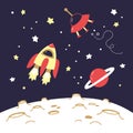 Space objects above the moon. Flying spaceship, Saturn and a flying saucer above the craters of the moon.
