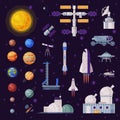 Space Objects Collection, Solar System Planets, Rocket, Shuttle, Rover, Artificial Satellite, Observatory, Spaceport