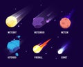 Space objects. Glowing universe astronomy set meteor asteroid vector comets collection in cartoon style Royalty Free Stock Photo