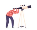 Space Observation Hobby, Curious Boy Look In Telescope Isolated on White Background. Child Studying Astronomy Science