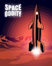 Space oddity. Rocket launch and text. Vector image retro black and white movie style