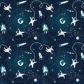 Space astronaut spaceman characters exploring outer space seamless background pattern