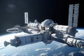 Space orbital base, refuel tanks, space shuttle, solar panels, huge white construction. Generative AI