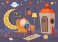 Space party at home, dad reads science book about space exploration to his son cosmic style birthday