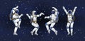 Space party. Retro astronaut dance funky disco music. Astronomy science. People with dream rocket. Cosmic dancers