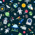 Space pattern. Shuttle rocket astronaut stars interstellar mars planets travel vector seamless cartoon pictures