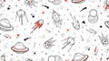 Space pattern. Vector kids seamless texture with doodle rocket, planet, stars. Space, Universe illustration