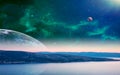 Space photo manipulation background. Sea with mountain, colorful nebula and two planet. Elements furnished by NASA. 3D rendering Royalty Free Stock Photo