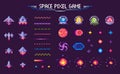 Space Pixel Game Spaceship and Plants Mosaic Set