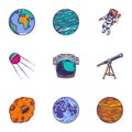 Space planet icon set, hand drawn style Royalty Free Stock Photo