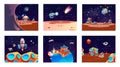 Space planet landscape set, cosmic game background with spaceship, alien fantasy asteroid surface