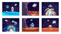 Space planet landscape set, cosmic game background with spaceship, alien fantasy asteroid surface