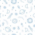 Space and planet seamless pattern for kids. Hand drawn stars background in cartoon style