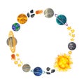 Space Planet Wreath Clipart. Watercolor solar system illustration, Sun, Moon, Earth, Saturn, other planets, asteroids Royalty Free Stock Photo