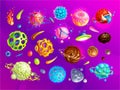 Space planets, asteroid, moon, fantastic world game vector cartoon icons. Color asteroid and planet, illustration Royalty Free Stock Photo