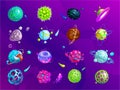 Space planets, asteroid, moon, fantastic world game vector cartoon icons. Color asteroid and planet, illustration Royalty Free Stock Photo