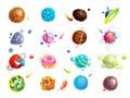 Space planets, asteroid, moon, fantastic world game vector cartoon icons. Color asteroid and planet, illustration Royalty Free Stock Photo