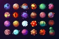 Space planets. Cartoon galaxy astronomical colorful objects, science fiction game interface elements. Vector set