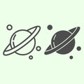 Space and planets line and solid icon. Planet Saturn with solar planetary ring system outline style pictogram on white