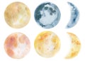 space planets, moon on isolated background. Watercolor illustrations