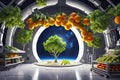 Space plant cultivation. Glass space greenhouse, futuristic farm on the moon, Mars