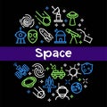 Space poster of cosmic rockets and satellites outline vector icons