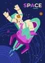 Space poster design with astronaut flying on rocket, flat vector illustration. Royalty Free Stock Photo