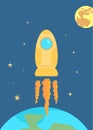 Space poster. Rocket flying into cosmos on background earth and moon. Stars. Flat style Royalty Free Stock Photo