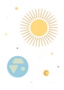 Space Poster. Sun, Earth, Moon With Stars In Cosmos. Flat Abstract Style. White Background. Wallpaper