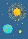 Space Poster. Sun, Earth, Moon With Stars In Cosmos. Galaxy. Flat Style. Dark Background