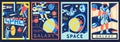 Space posters. Futuristic astronaut banners set. Cosmic backgrounds with spaceman and galactic views. Universe explorers