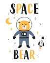 Space print with cute bear, vector illustration