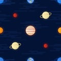 Space print. Seamless vector pattern. Different colored planets of the Solar system and stars. Royalty Free Stock Photo