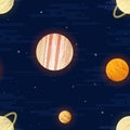 Space print. Seamless vector pattern. Different colored planets of the Solar system and stars.