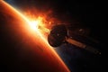 space probe enters the atmosphere of a planet, with fiery reentry and atmospheric entry visible Royalty Free Stock Photo