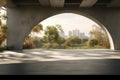 Space for products showcases in the concrete hallway with a park background.3d rendering.