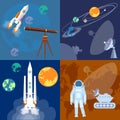 Space program: astronaut, rocket, planet, sputnik mars rover Royalty Free Stock Photo