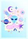 Space psychedelic poster with alien head, human body, planets, stars, comet, constellations and green background