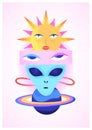 Space psychedelic poster with alien head, human eyes, plane, sun and pink background. Contemporary Art