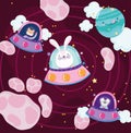 space rabbit koala and cat in spaceship planets adventure explore cartoon