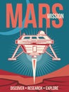 Space Research Vector Poster. Spaceship Landing To Mars Vintage Background