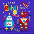 Space robot and rocket funny cartoon,vector illustration