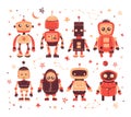 Space robots. Cute baby robots, planets and stars. A set of flat vector space elements