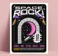 Space rock music show or party or concert or musical festival flyer or poster design template guitar neck bends around the moon Royalty Free Stock Photo
