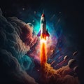 A space rocket blasting off into space. There are galaxies and planets around. Created with Generative AI. Midjourney illustration