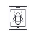 Space rocket computer game vector line icon, sign, illustration on background, editable strokes