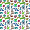 Space Rocket Cosmonaut Planets and UFO Aliens Seamless Pattern