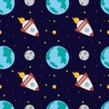 A space rocket flies near the earth and the moon on a dark blue background Royalty Free Stock Photo